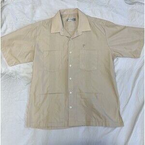 Paco Rabanne Platine Guayabera Shirt Men’s Large Khaki Tan Short Sleeve Logo